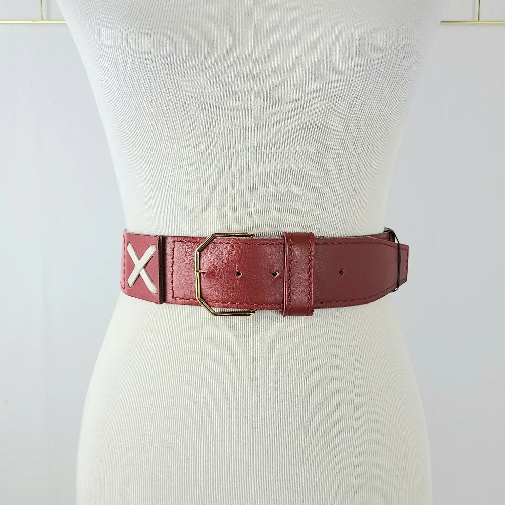 Vera Neumann Red White Graphic Wide Genuine Leather Vintage Belt